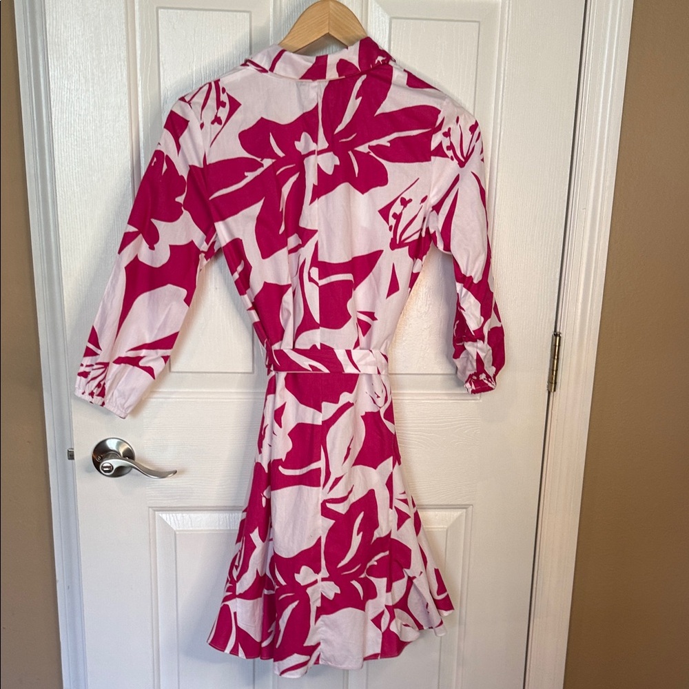 MSK Fuchsia and White Floral Tie-Waist Shirt Dress - Picture 4 of 4